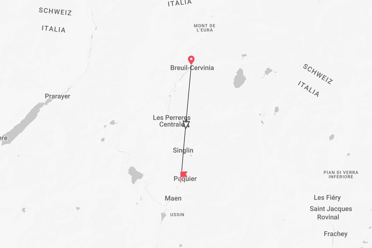 A map showing a route in Italy from Paquier to Breuil-Cervinia, passing through Singlin and Les Perreres Centrale.