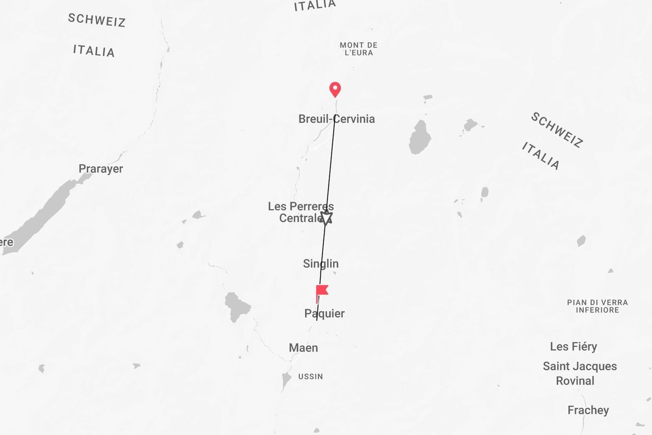 Une carte montrant un itinéraire en Italie, près de la frontière suisse, de la ville de Paquier à Breuil-Cervinia.