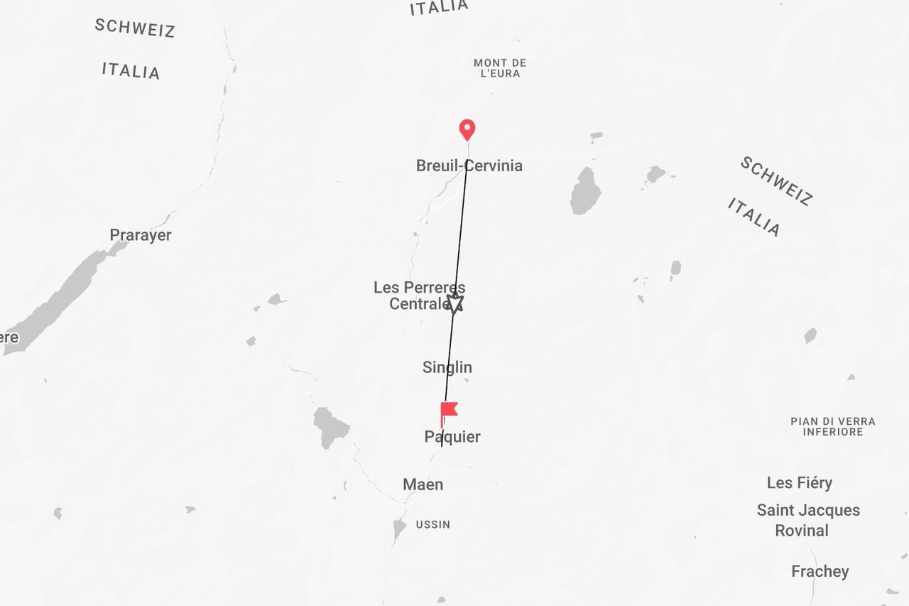 Eine minimalistische Karte, die eine Reiseroute in Italien von Breuil-Cervinia nach Paquier zeigt, mit gekennzeichneten Sehenswürdigkeiten entlang des Weges.