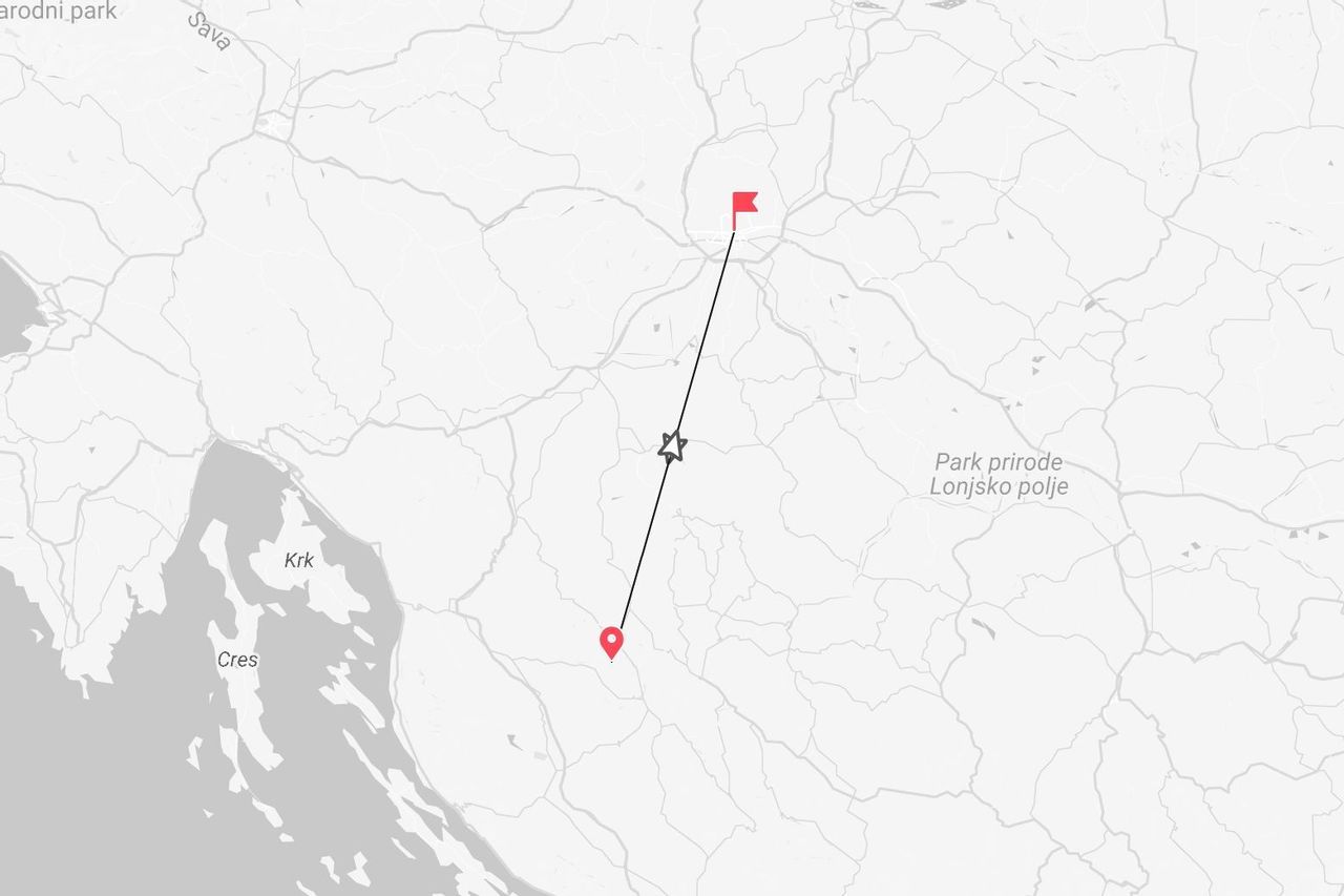 Una mappa di un itinerario di viaggio in Croazia, che mostra le isole di Krk e Cres, il fiume Sava e il parco naturale di Lonjsko Polje.