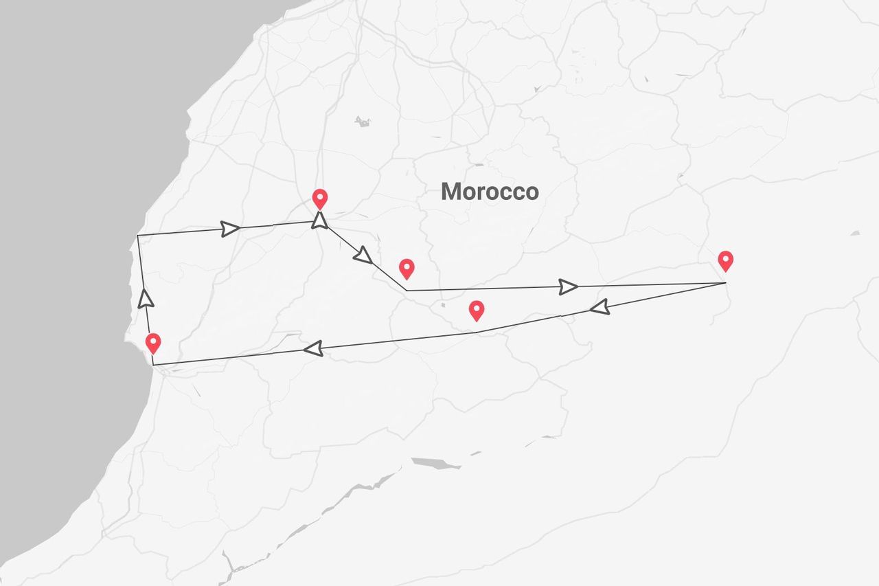 A map showing a tour itinerary across Morocco, marked with red pins and directional arrows.