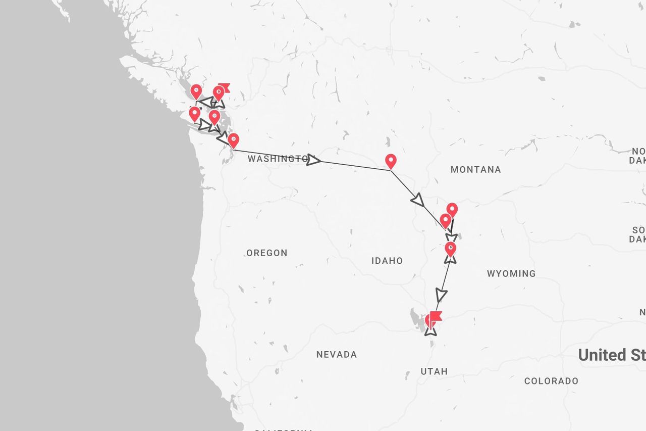 Una mappa che mostra un itinerario di viaggio contrassegnato da puntine rosse da Washington, attraverso il Montana e il Wyoming, fino allo Utah.