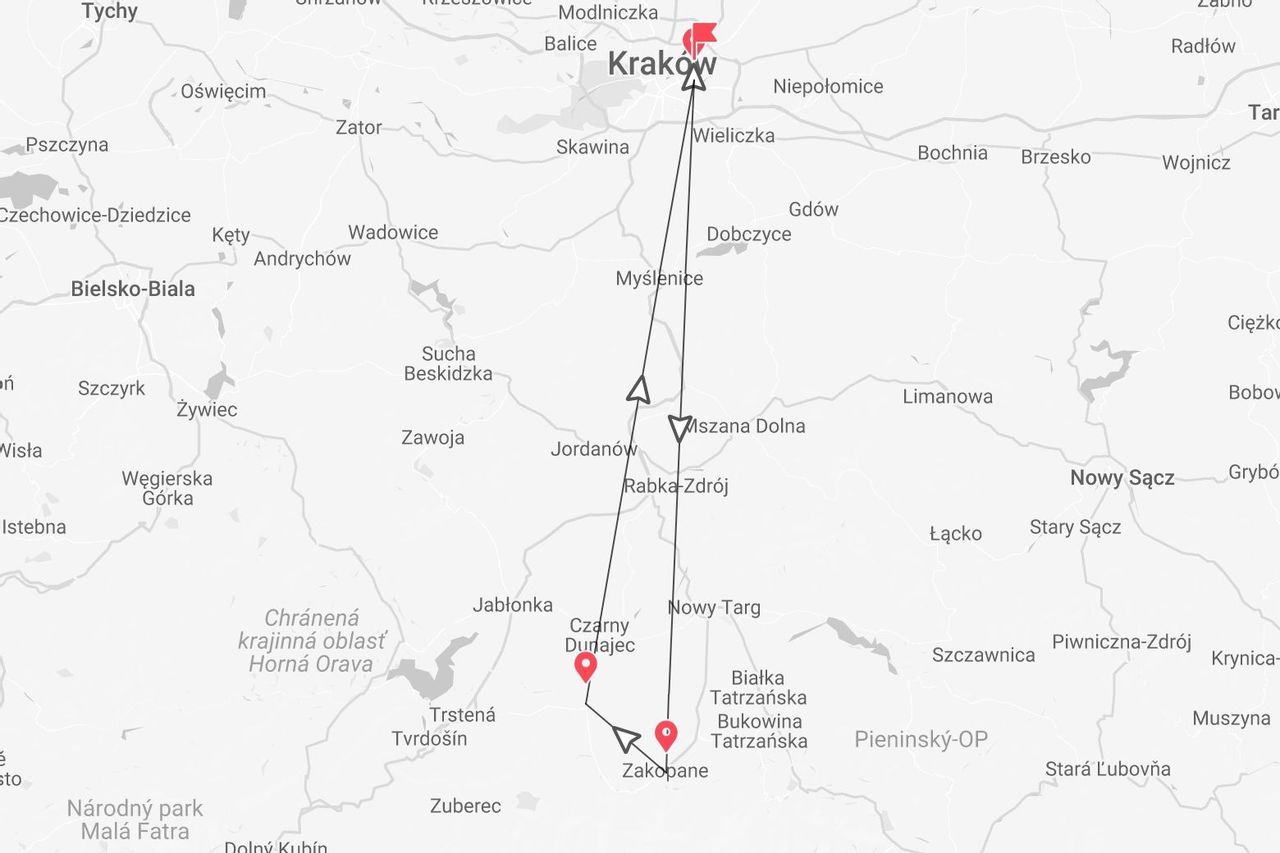 Un mapa del sur de Polonia que muestra un itinerario de viaje que comienza en Cracovia, pasando por Mszana Dolna, y que hace un bucle por Czarny Dunajec y Zakopane.
