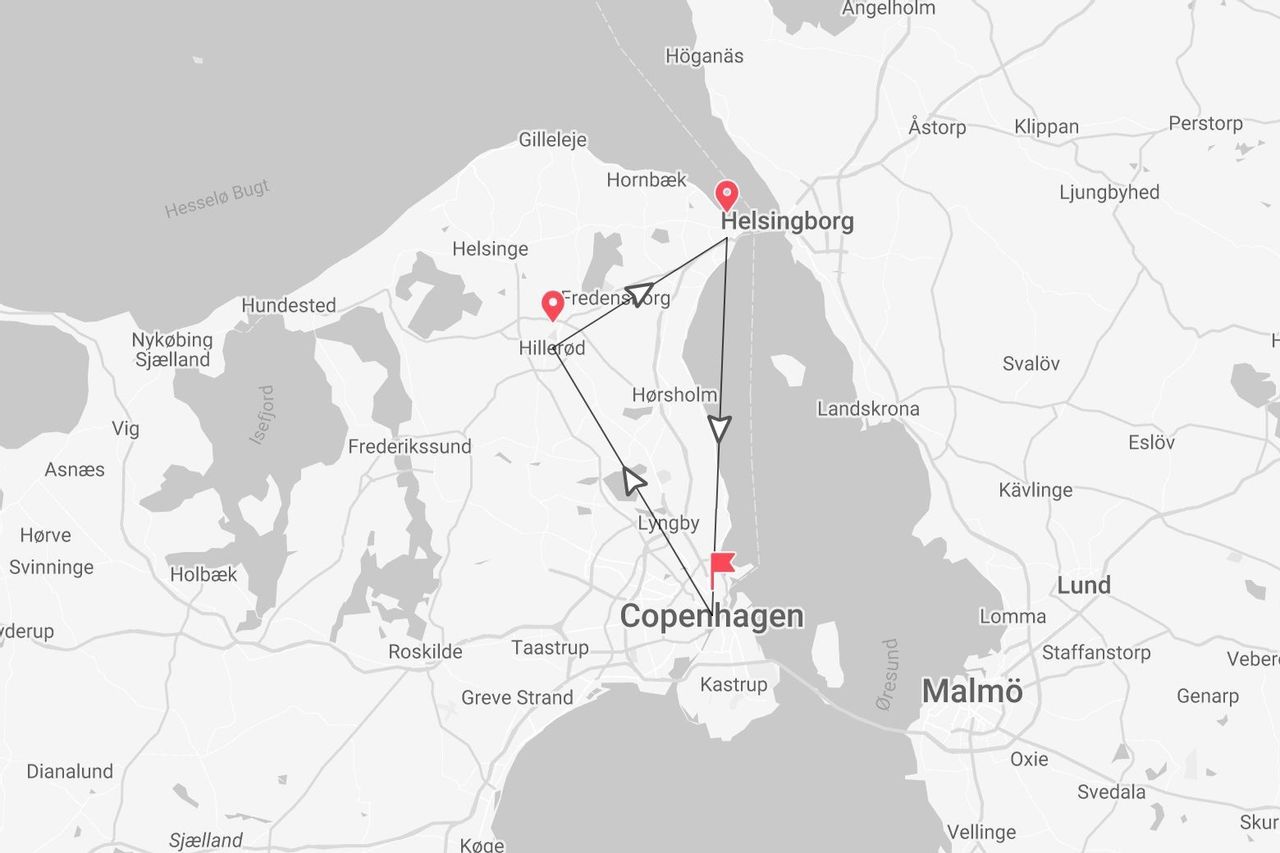 Eine Karte einer Reiseroute in Dänemark, die Kopenhagen, Hillerød, Fredensborg und Helsingborg verbindet.