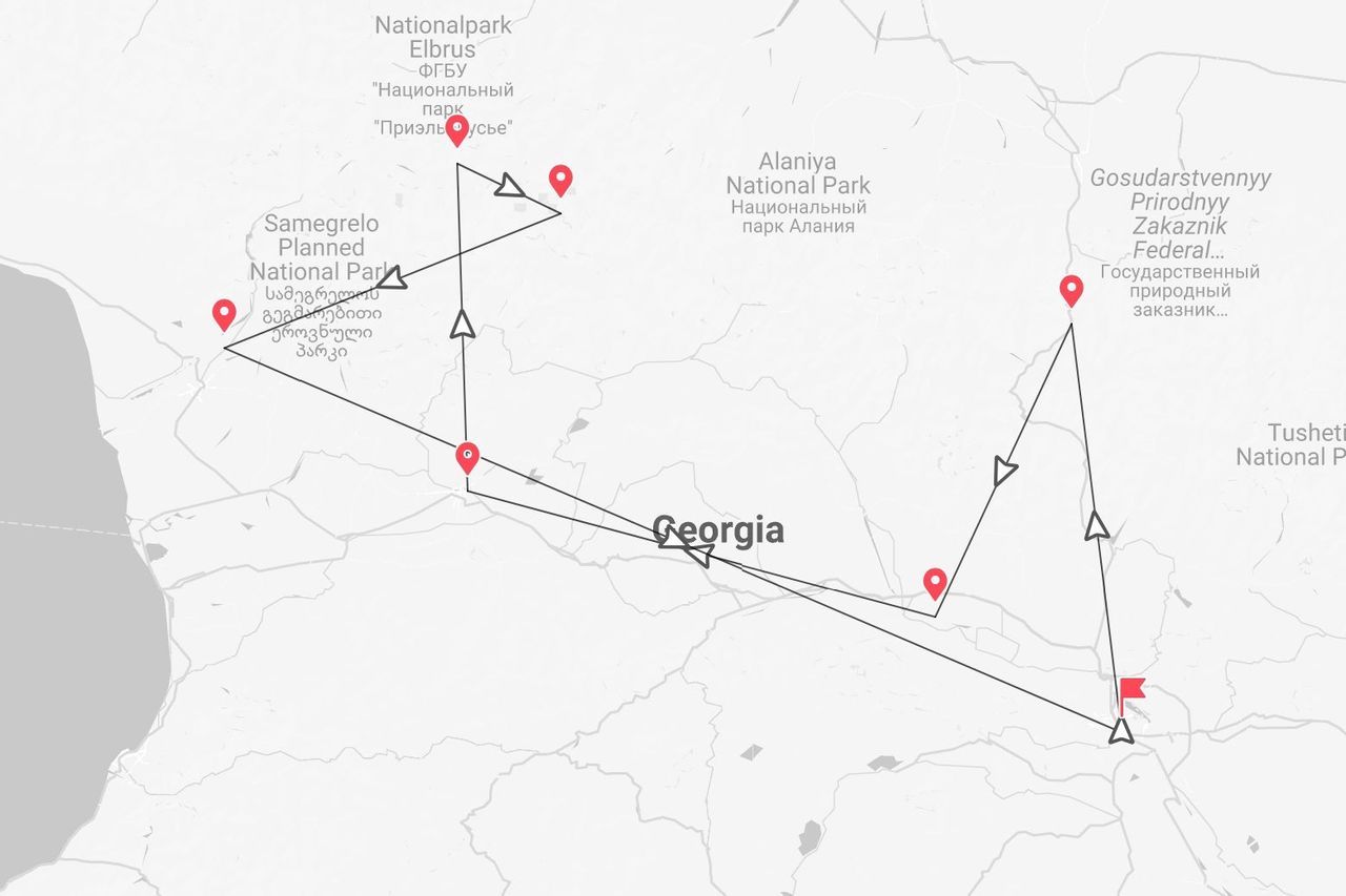 Mappa di un itinerario di viaggio in Georgia con tappe e percorso.