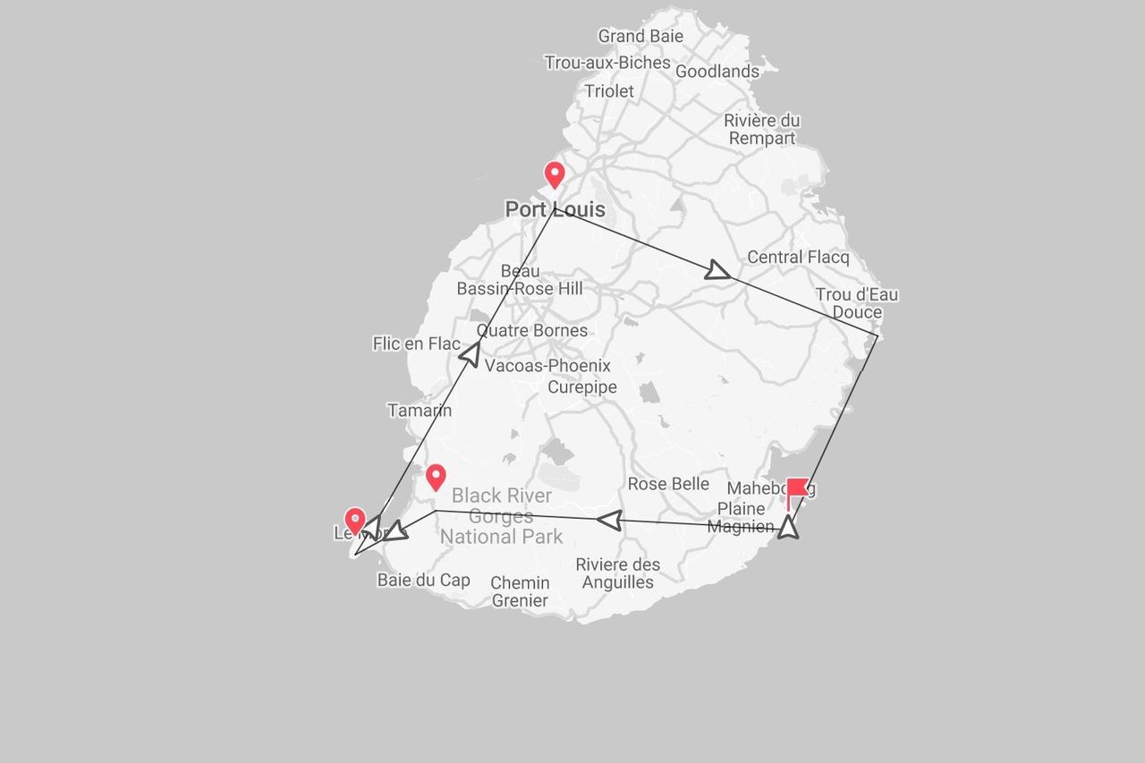 Una mappa minimalista di Mauritius che mostra un itinerario di viaggio che passa per località come Port Louis, Flic en Flac e Mahebourg.