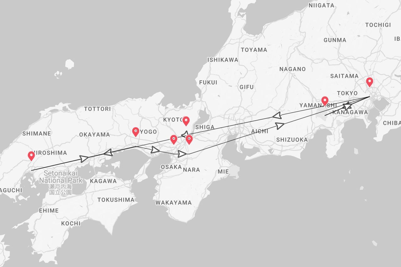 Une carte du Japon montrant un itinéraire de voyage de Tokyo à Hiroshima, passant par des villes comme Kyoto et Osaka.