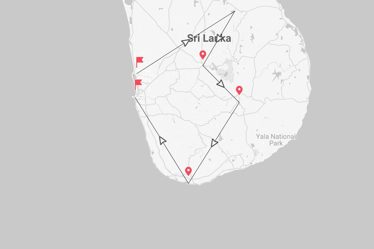 A map of Sri Lanka showing a travel itinerary with waypoints marked, including a stop near Yala National Park.