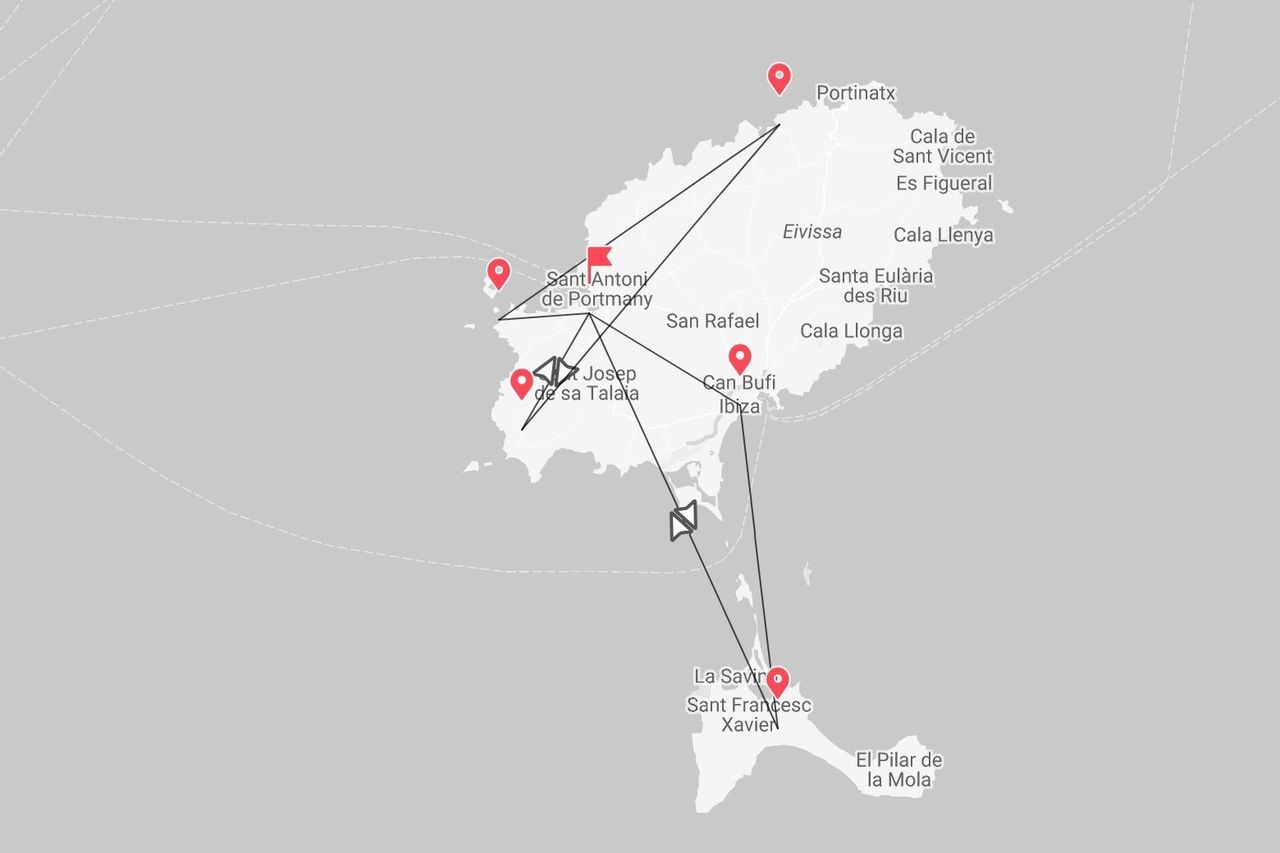 A map showing a travel itinerary across the islands of Ibiza and Formentera, with pins on locations like Portinatx and Sant Antoni de Portmany.