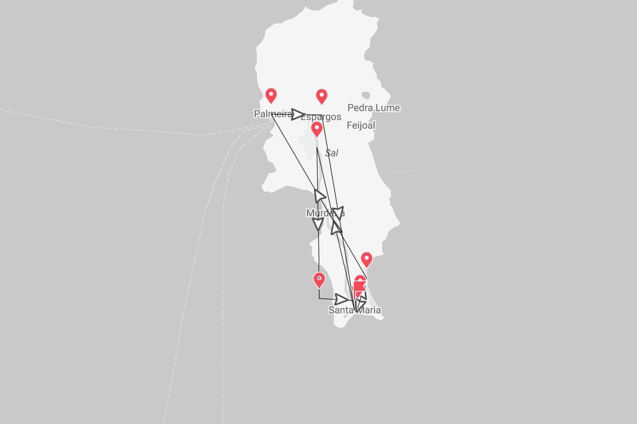 Una mappa dell'isola di Sal che mostra un itinerario di viaggio con tappe a Palmeira, Espargos, Pedra Lume, Murdeira e Santa Maria.