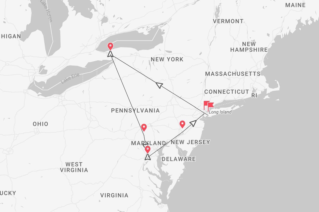 Una mappa degli Stati Uniti nord-orientali che mostra un itinerario attraverso New York, Pennsylvania e Maryland, con segnaposto che indicano il percorso.