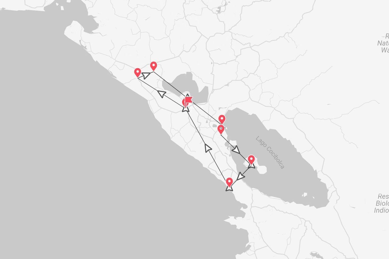 Mappa del Nicaragua con itinerario di viaggio, puntine rosse e un segnaposto a bandiera intorno al Lago Cocibolca.