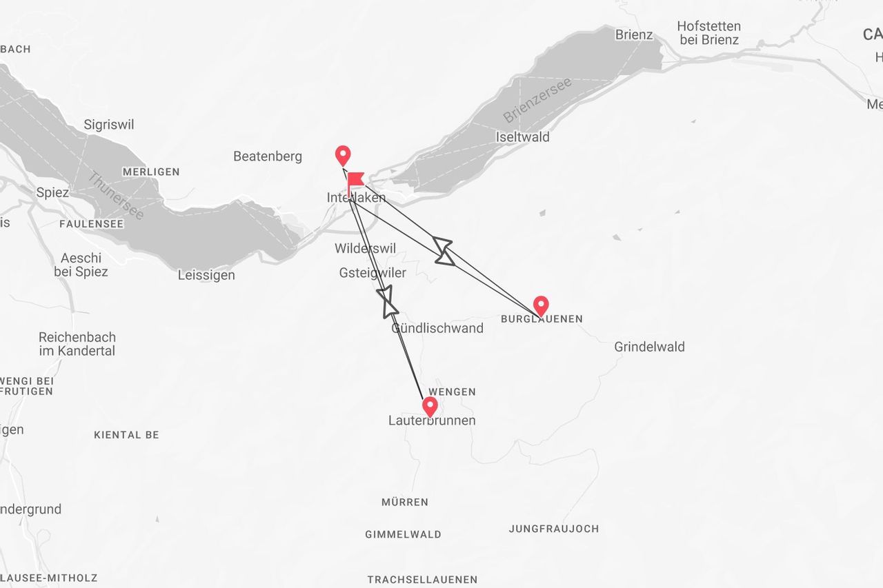 Une carte montrant un itinéraire de voyage dans la région d'Interlaken en Suisse, avec un parcours reliant Burglauenen et Lauterbrunnen.