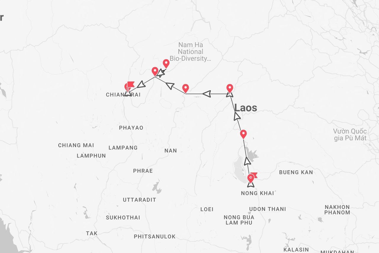 Mappa di un itinerario di viaggio: da Chiang Rai (Thailandia) attraverso il Laos, fino a Nong Khai.