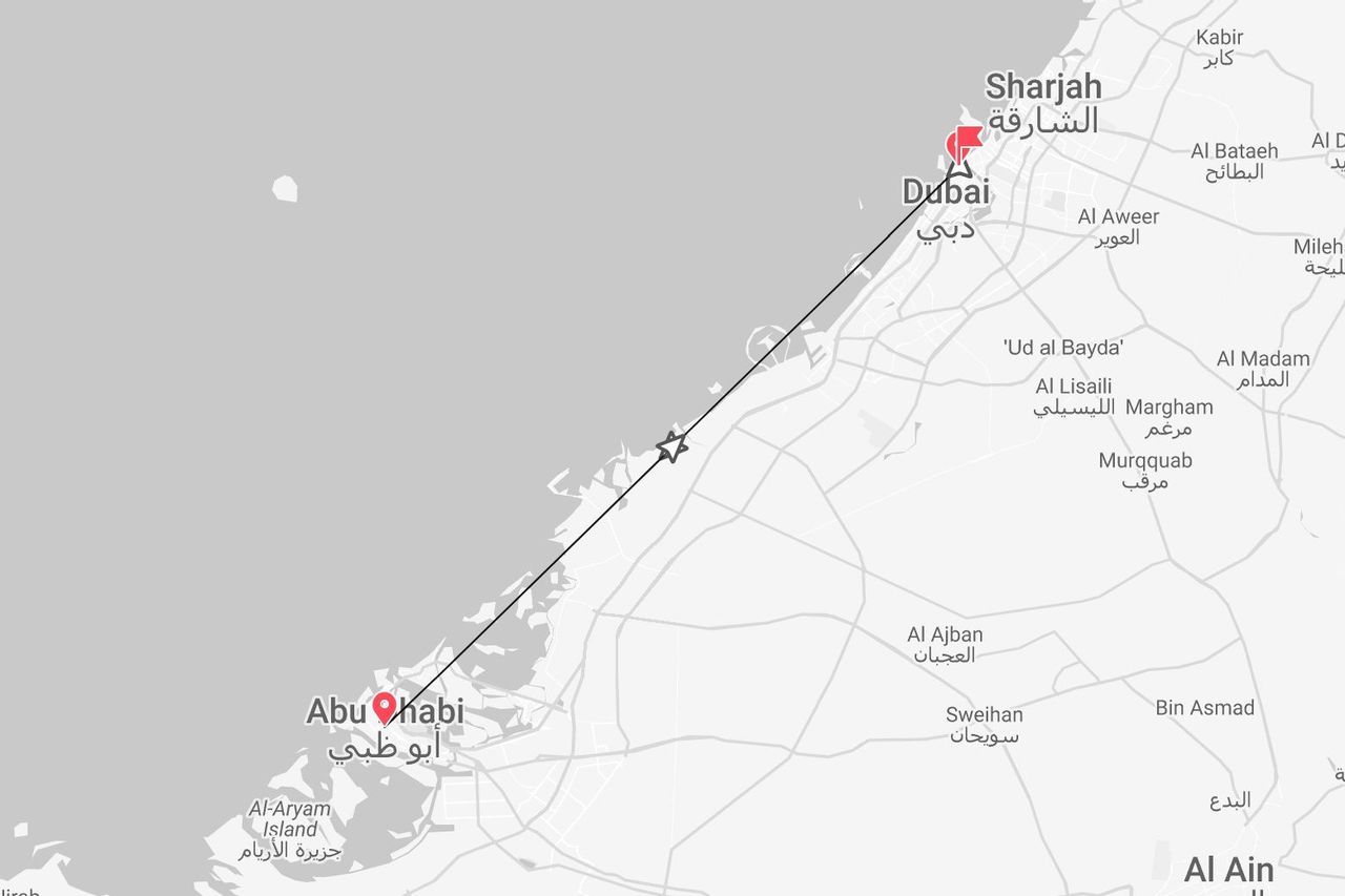 Eine Karte der Vereinigten Arabischen Emirate, die eine Reiseroute zwischen den Städten Abu Dhabi und Dubai hervorhebt.