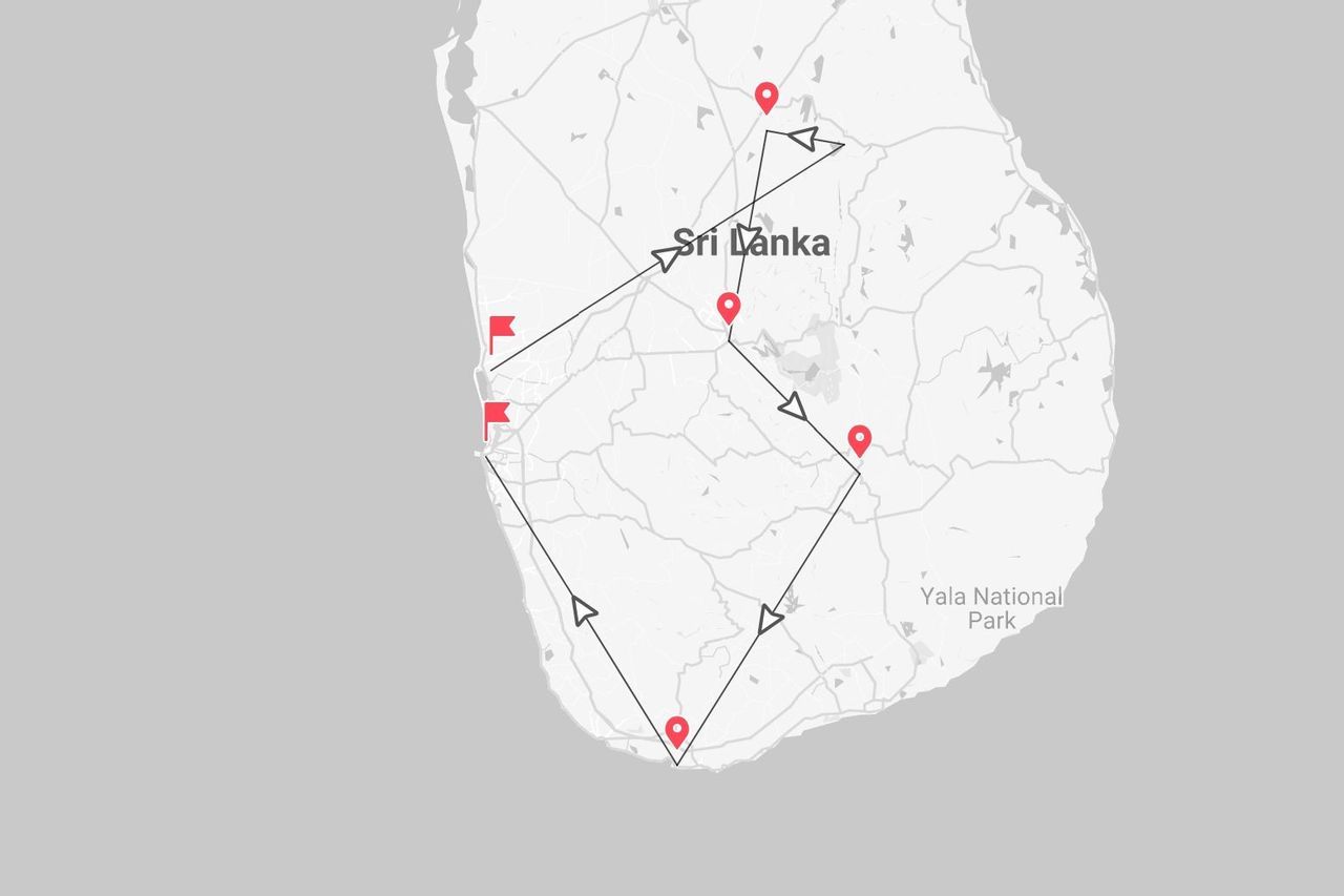 Une carte stylisée du Sri Lanka avec un itinéraire de visite marqué par des flèches et des épingles de localisation rouges, incluant le parc national de Yala.