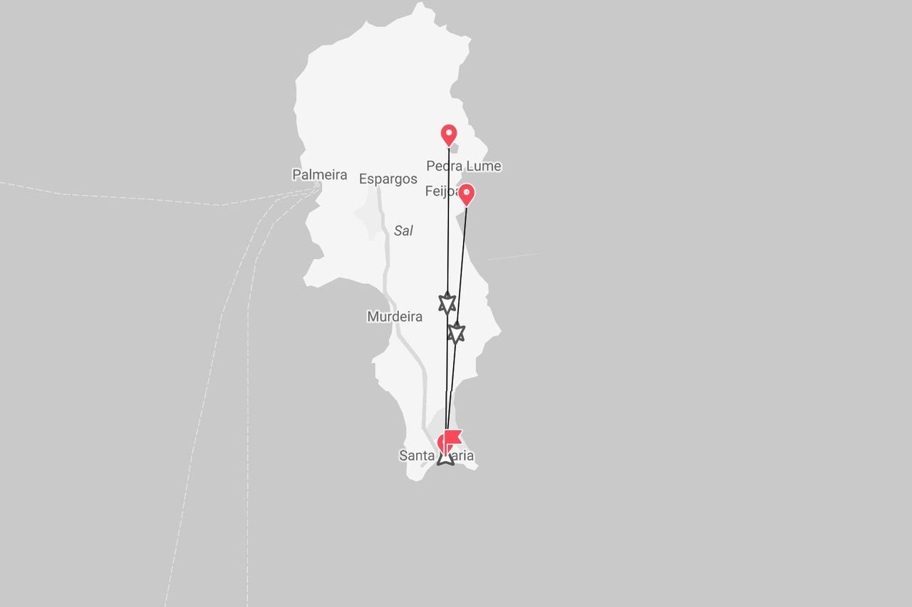 Mappa dell'isola di Sal, con itinerario di viaggio da Pedra Lume a nord a Santa Maria a sud.
