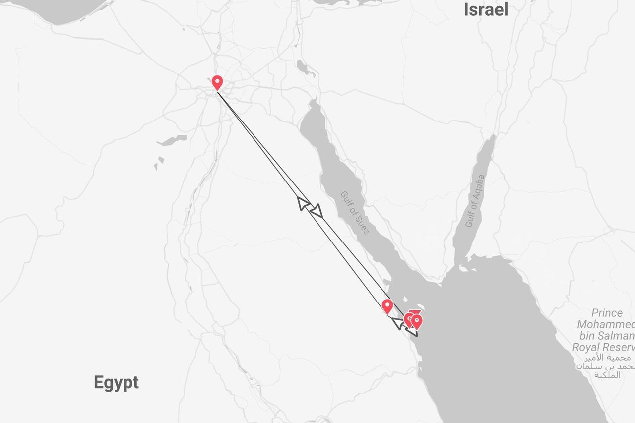 Una mappa che illustra un itinerario di viaggio dall'Egitto settentrionale, attraverso il Golfo di Suez, fino alla Penisola del Sinai.