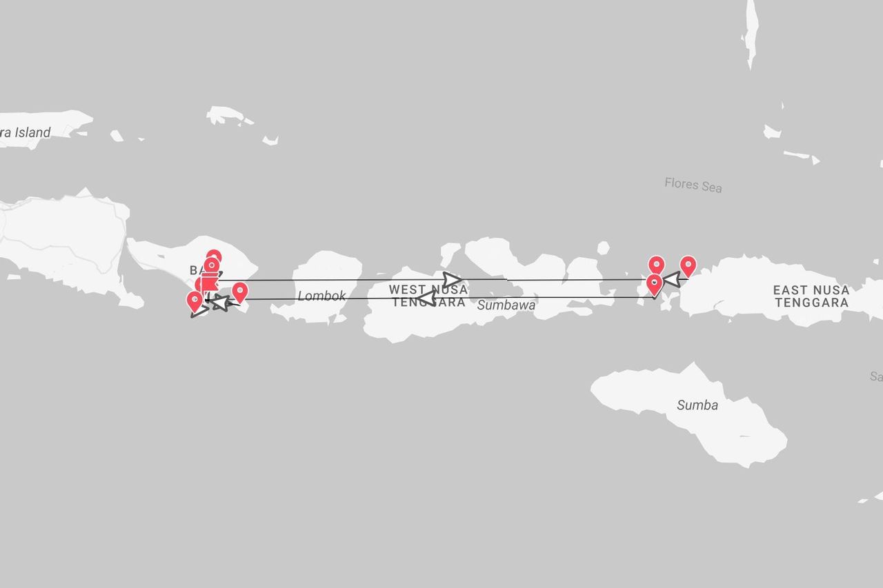 Una mappa che mostra un itinerario di viaggio da Bali, attraverso Lombok e Sumbawa, fino a Nusa Tenggara Orientale in Indonesia.