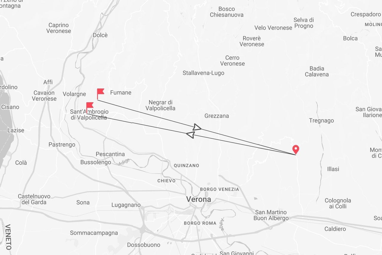 Mappa di un itinerario nella regione di Verona, Italia, con partenza da Fumane e Sant'Ambrogio di Valpolicella e arrivo vicino a Illasi.
