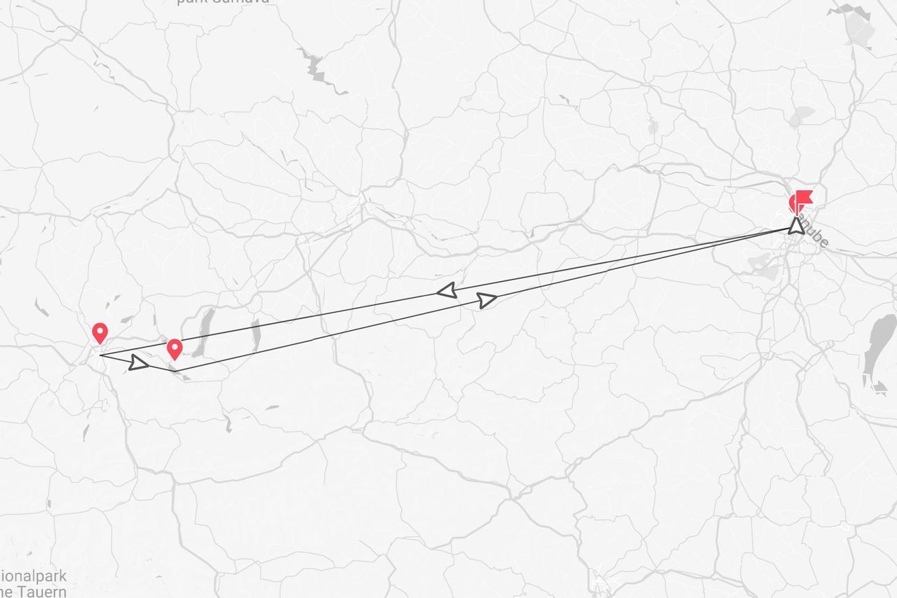 Una mappa stilizzata che mostra un itinerario di viaggio contrassegnato da puntine rosse e una linea direzionale nera che attraversa vicino al fiume Danubio.