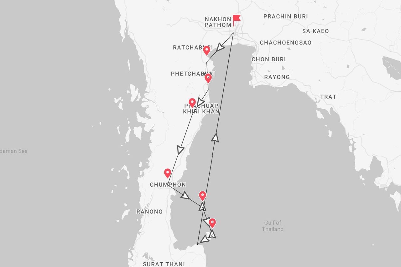 Eine Karte, die eine Reiseroute durch Thailand zeigt, beginnend in Nakhon Pathom und südlich entlang der Küste des Golfs von Thailand verlaufend.