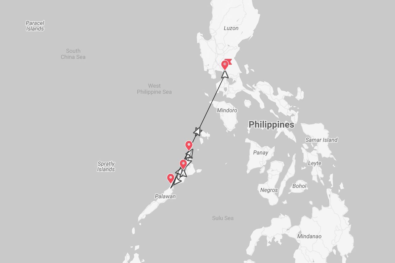 Una mappa delle Filippine che mostra un itinerario di viaggio con segnaposto dall'isola di Luzon fino a Palawan.