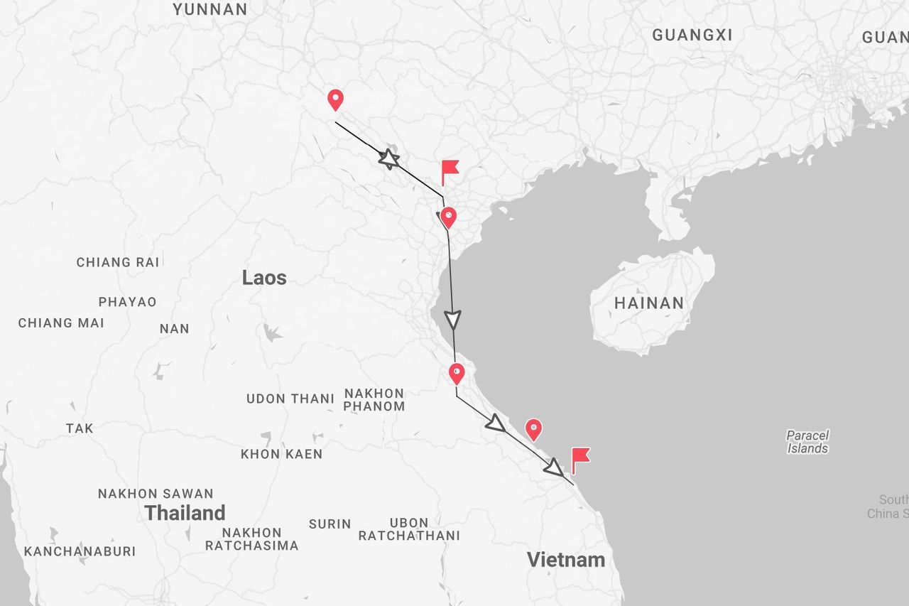 Una mappa che mostra un itinerario di viaggio che parte dal nord del Laos, prosegue verso sud attraverso il paese e termina sulla costa del Vietnam.