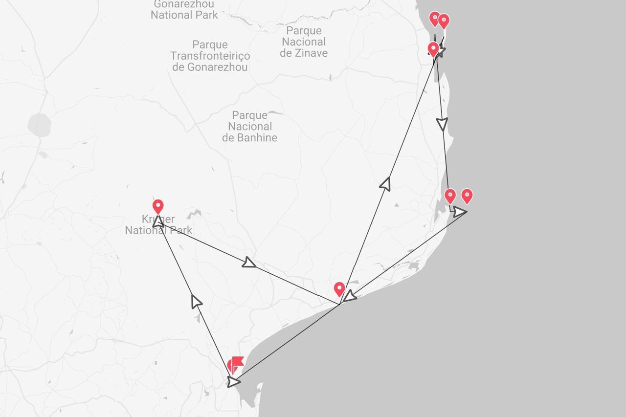 Mappa di un itinerario di viaggio nell'Africa meridionale, con un percorso che collega il Parco Nazionale Kruger e diversi parchi nazionali in Mozambico.