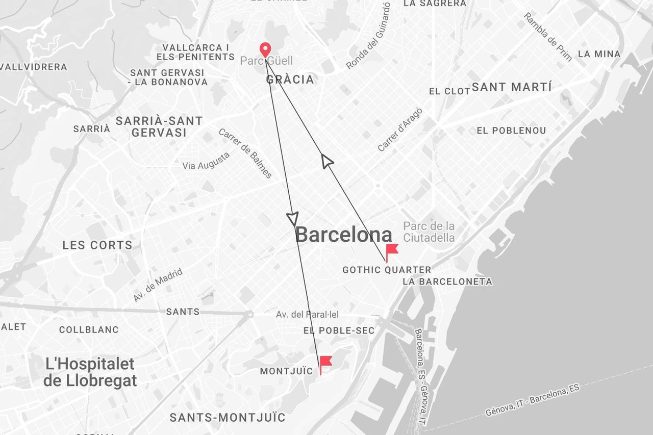 Mappa di Barcellona: itinerario di viaggio con Parc Güell, Quartiere Gotico e Montjuïc.