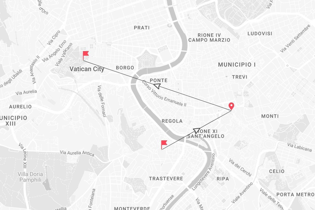Una mappa in bianco e nero di Roma che mostra un itinerario di viaggio che collega Città del Vaticano, Trastevere e il quartiere Trevi.