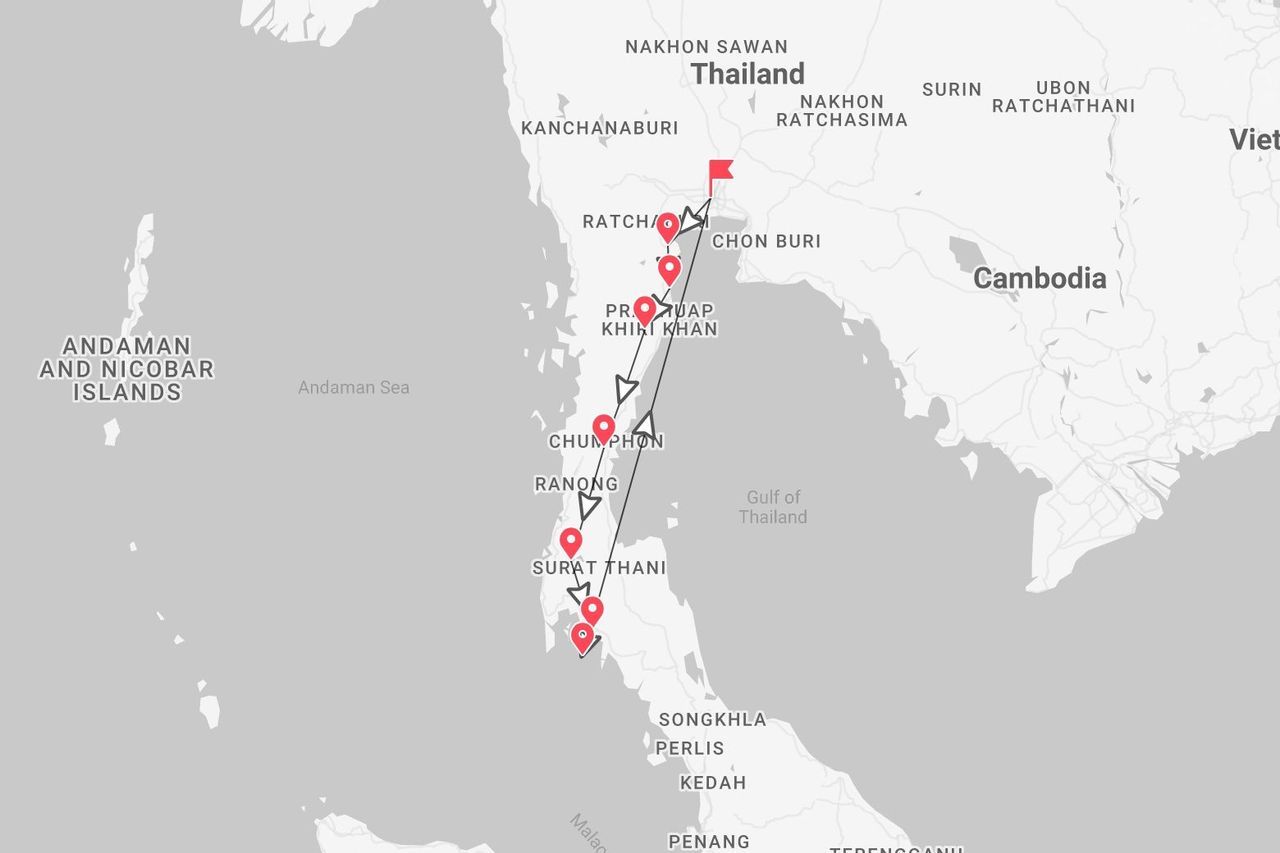 Une carte de la Thaïlande présentant un itinéraire de voyage avec un parcours marqué par une ligne et des points, débutant dans la région centrale et se dirigeant vers le sud.