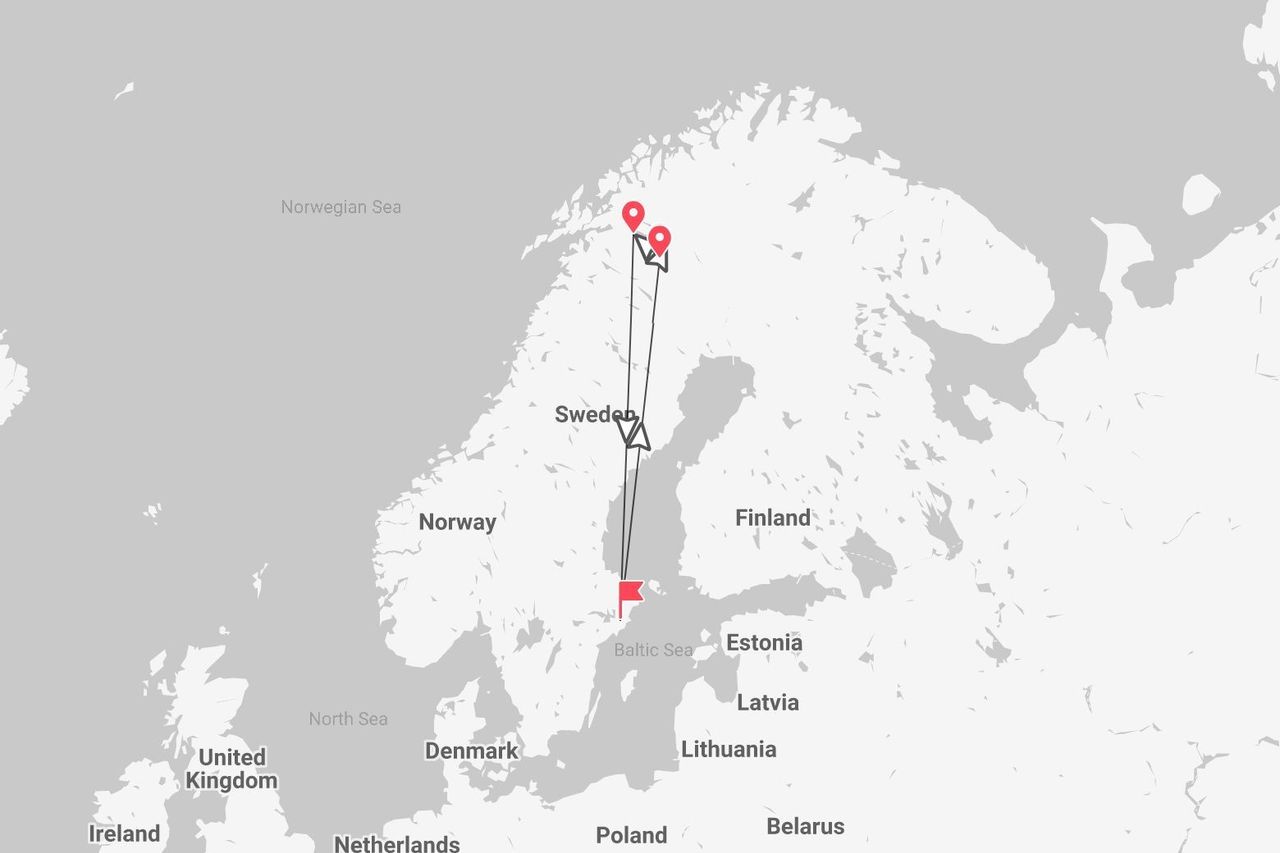 Mappa del Nord Europa che mostra un itinerario di viaggio in aereo dall'Estonia, attraverso la Svezia, verso la Scandinavia settentrionale.