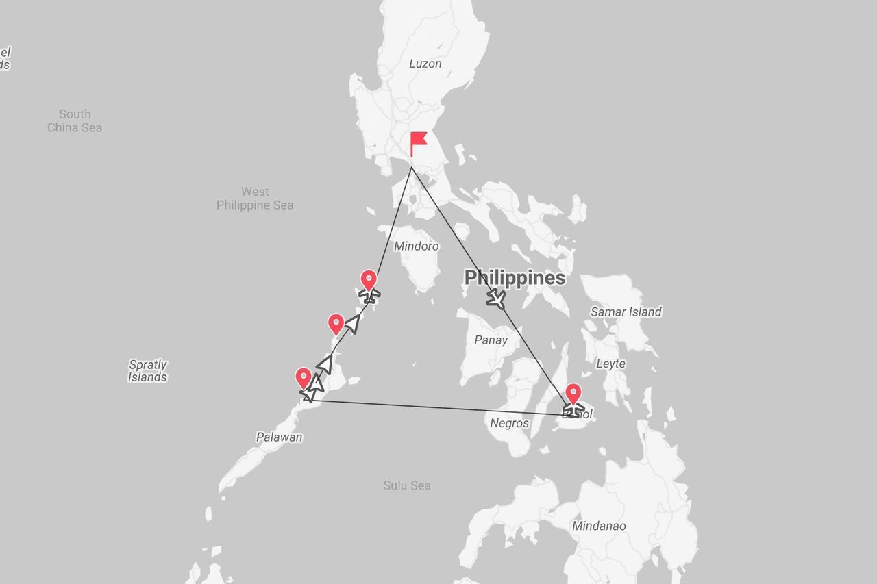 Una mappa delle Filippine che mostra un itinerario di viaggio con rotte aeree che collegano le isole di Luzon, Palawan e Negros.