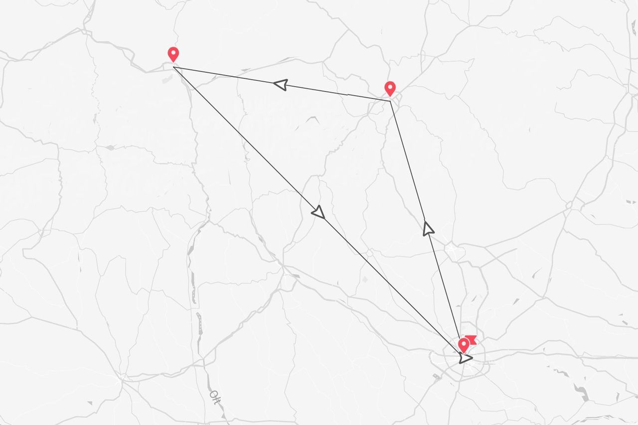 Una mappa stilizzata che mostra un itinerario di viaggio contrassegnato da segnaposto rossi e collegato da linee direzionali nere.