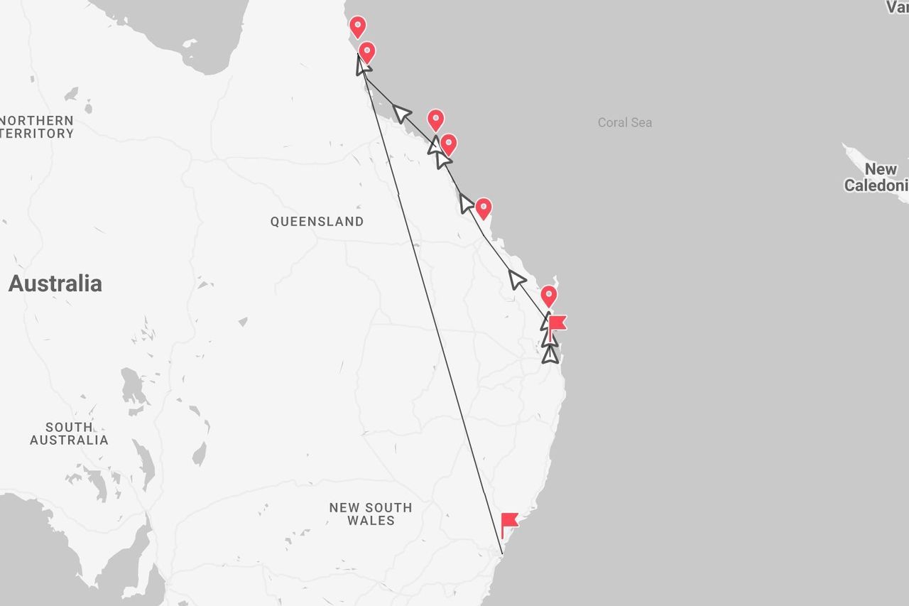 Una mappa dell'Australia orientale che mostra un itinerario di viaggio con segnaposto lungo la costa del Queensland e del Nuovo Galles del Sud.