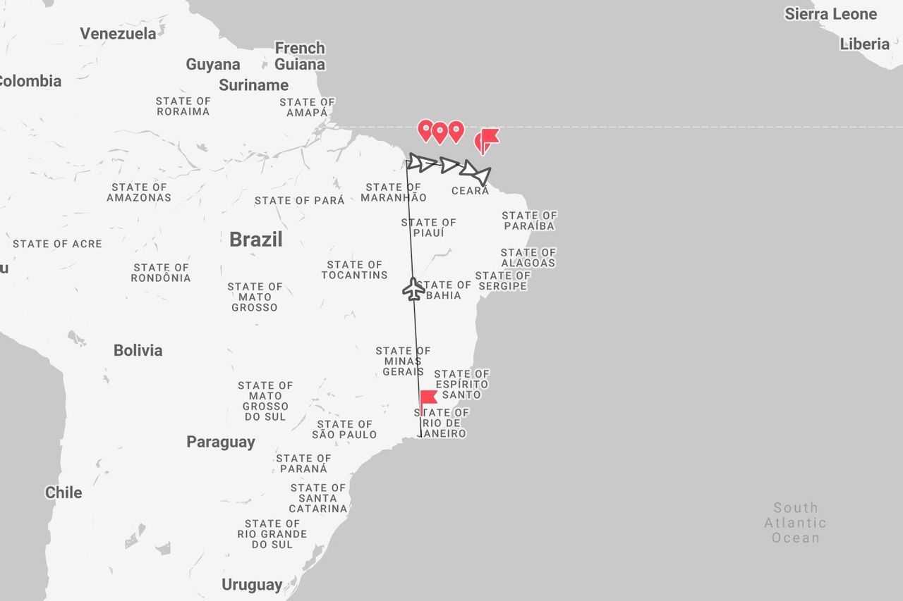 Una mappa del Brasile che mostra un itinerario di viaggio con partenza dallo Stato di Rio de Janeiro e che si dirige a nord lungo la costa fino allo Stato del Ceará.