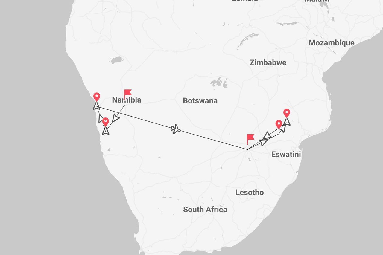 Eine Karte des südlichen Afrikas mit einer Reiseroute von Namibia über Botswana bis zur Grenze von Eswatini und Südafrika.