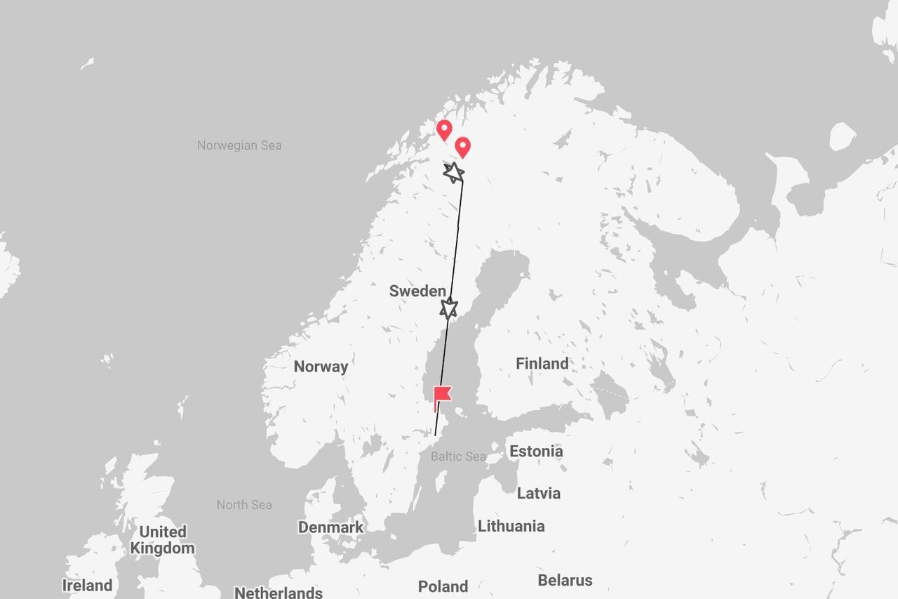 Eine Karte von Skandinavien, die eine Reiseroute zeigt, die in der Ostsee beginnt, über Schweden nach Norden führt und in Nordnorwegen endet.