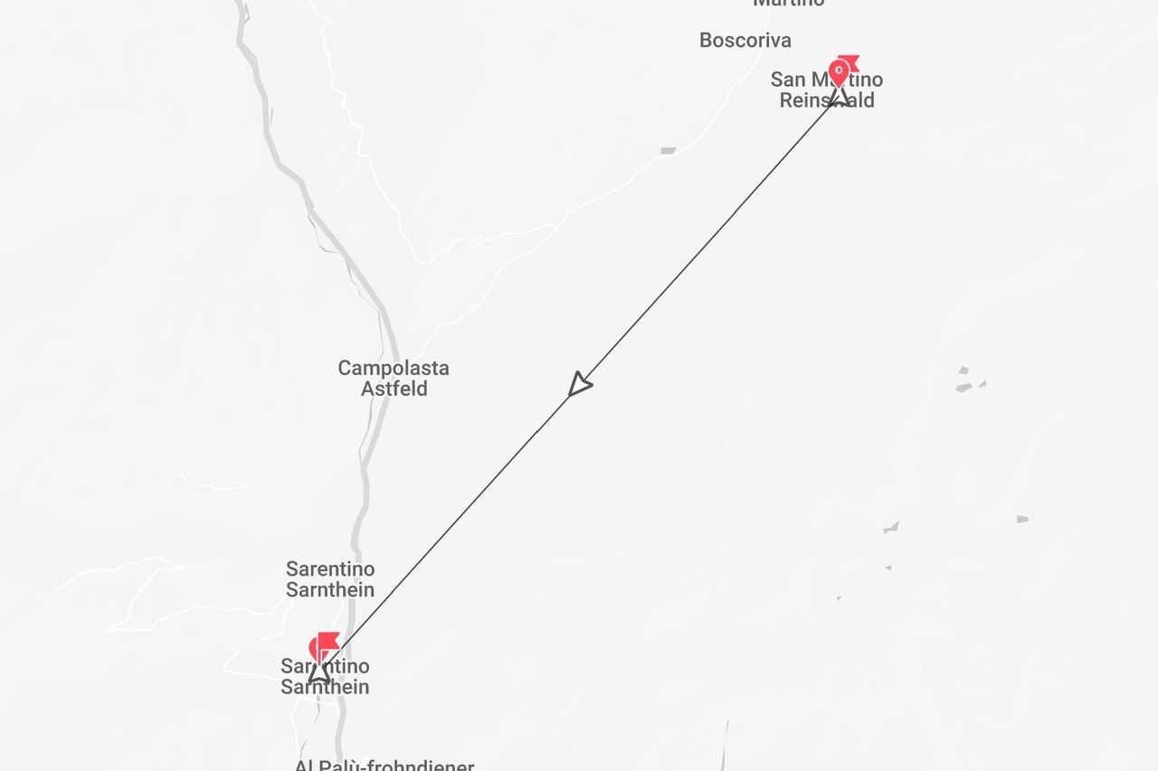 Eine minimalistische Karte, die eine Route von Sarentino nach San Martino in Italien mit einem Richtungspfeil anzeigt.