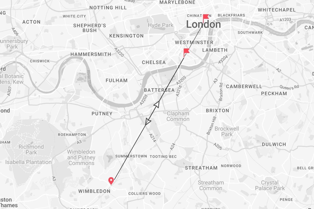 A grayscale map of London showing a marked travel route from Wimbledon to the city center.