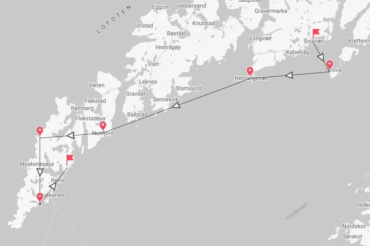 Mappa delle Isole Lofoten con itinerario di viaggio e tappe a Svolvær, Henningsvær, Nusfjord e Reine.
