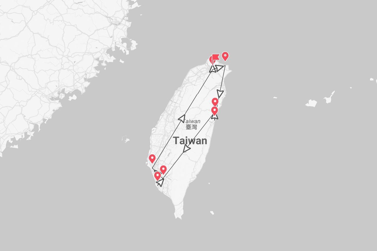 Mappa dell'itinerario di un tour di Taiwan, con tappe segnate in rosso e percorso di collegamento.