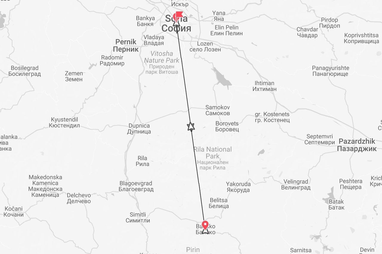 Eine Karte Bulgariens mit einer Reiseroute von Sofia nach Bansko.