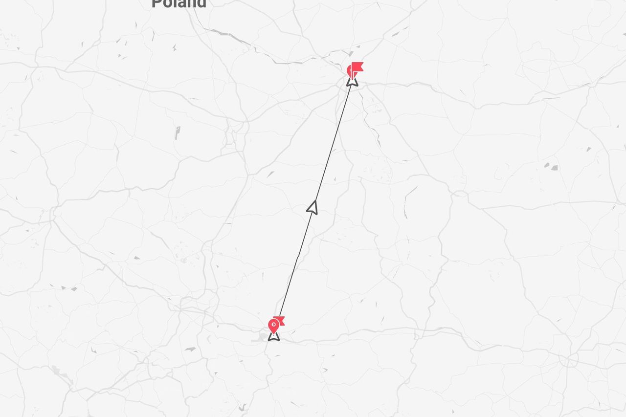 Una mappa minimalista della Polonia che mostra un itinerario di viaggio con un punto di partenza e una destinazione contrassegnati da icone rosse.