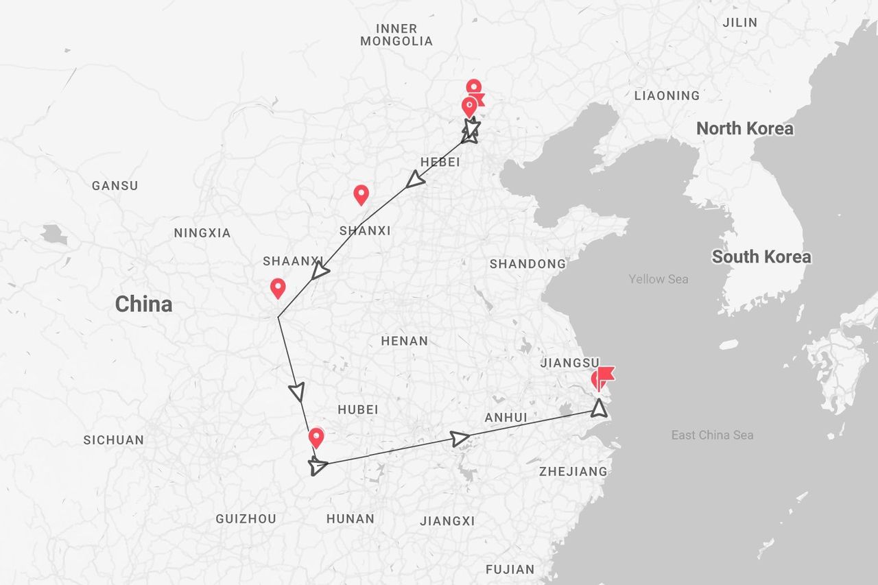 Una mappa della Cina che mostra un itinerario di viaggio dalla provincia di Hebei nel nord alla provincia di Jiangsu sulla costa orientale.