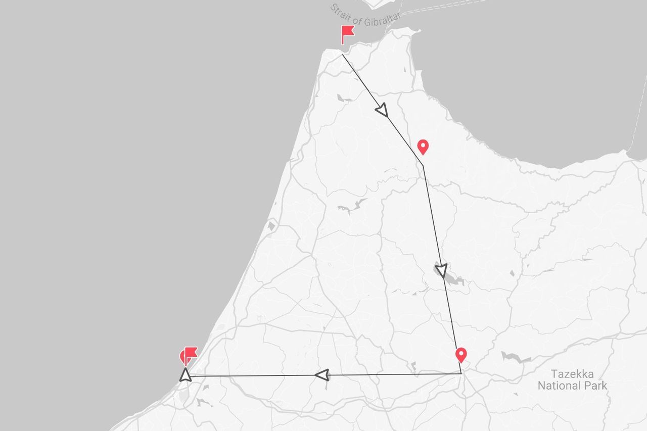 Mappa minimalista del Marocco: itinerario da Gibilterra al Parco Nazionale di Tazekka.