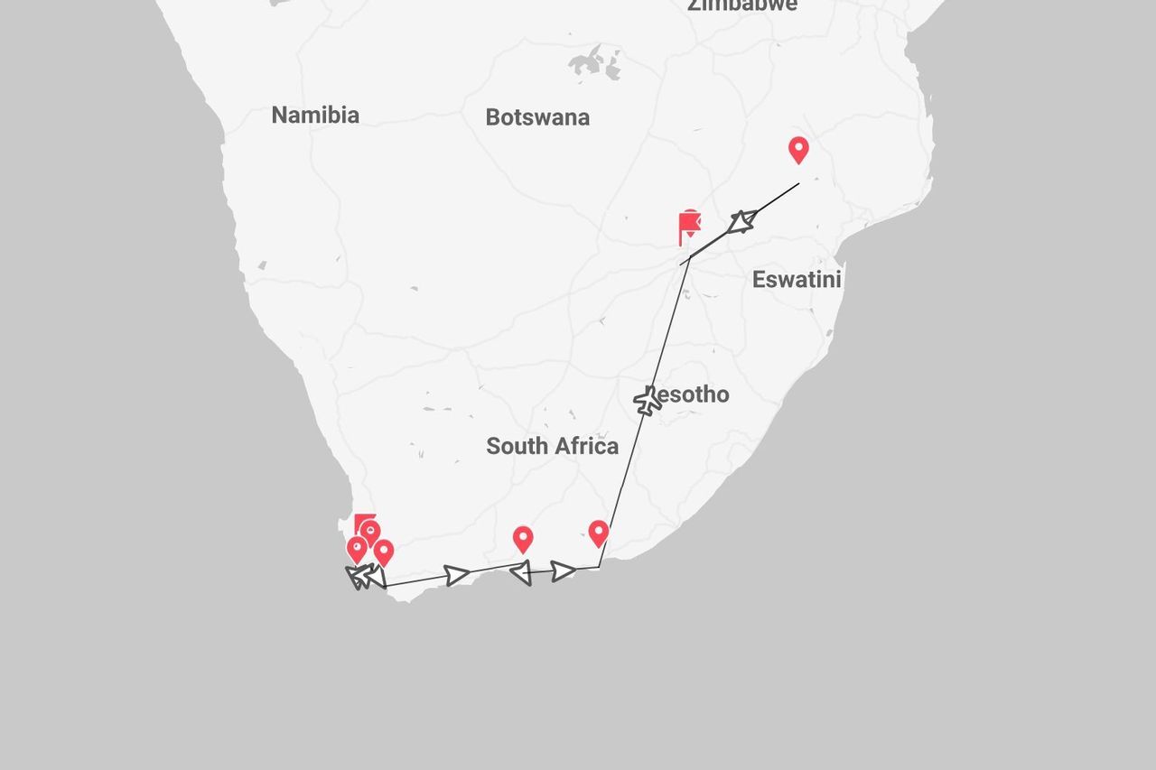 Eine Karte des südlichen Afrikas, die eine Reiseroute durch Südafrika, Lesotho und Eswatini mit markierten Pins und Symbolen zeigt.
