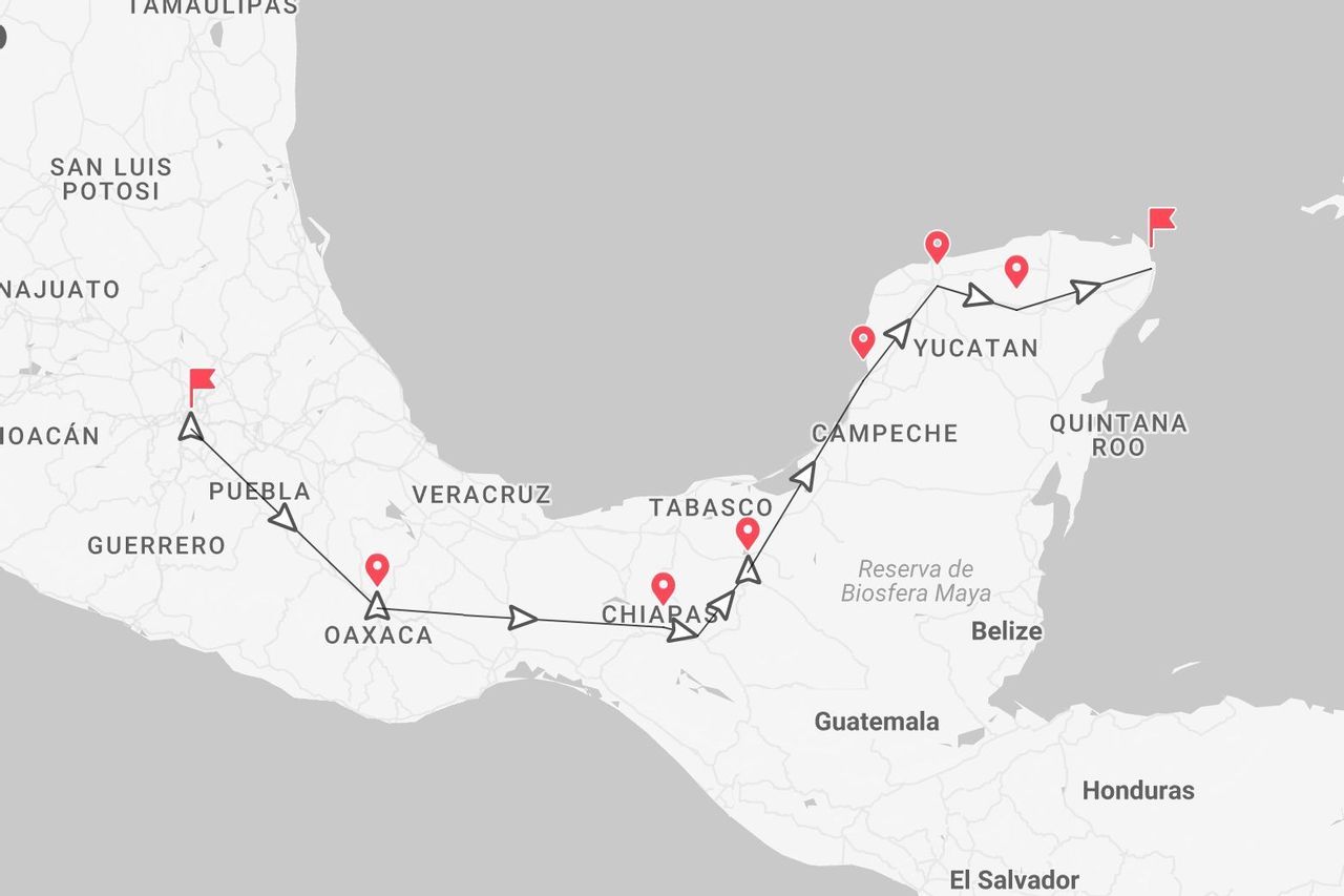 Un mapa que muestra un itinerario de viaje por el sur de México, comenzando en Puebla y recorriendo Oaxaca, Chiapas, Tabasco, Campeche y la Península de Yucatán.