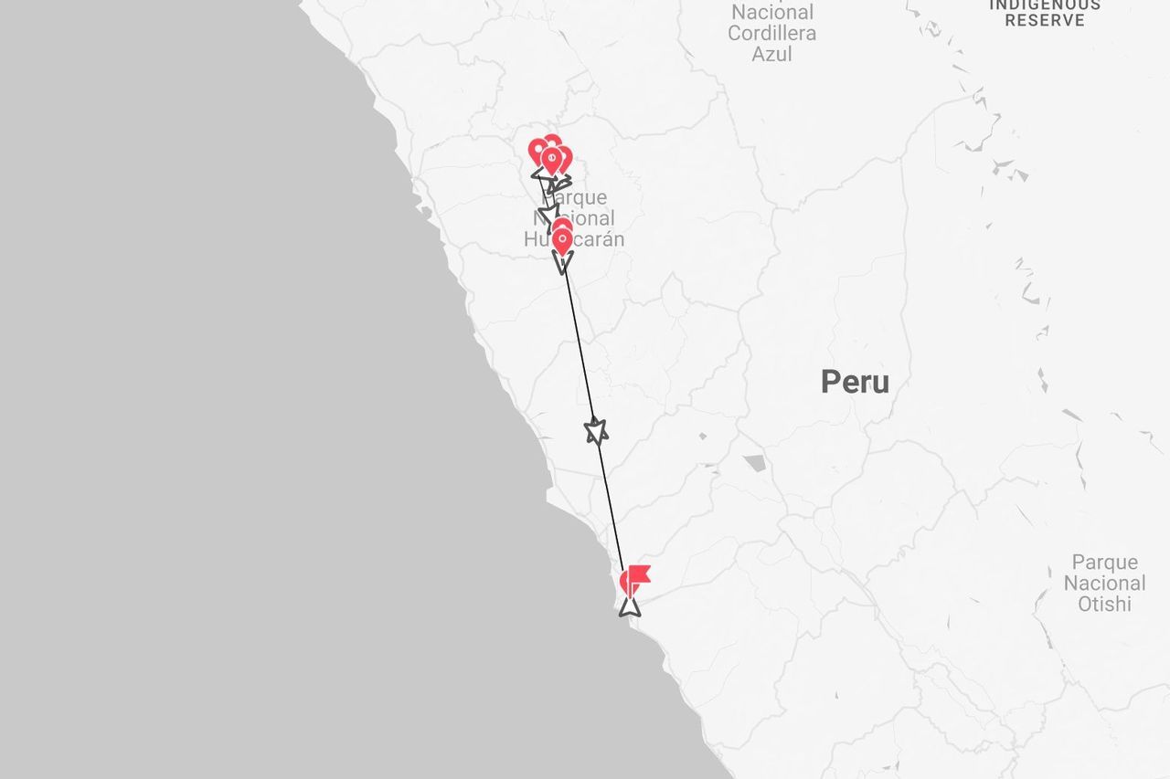 Mappa di itinerario di viaggio in Perù con percorso per il Parco Nazionale Huascarán.